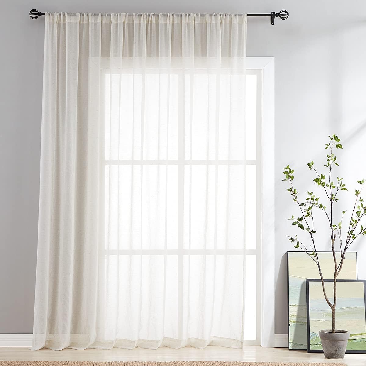 FMFUNCTEX Beige Linen Pinch Pleated Sheer Curtains, 96 Inches, 2 Panels