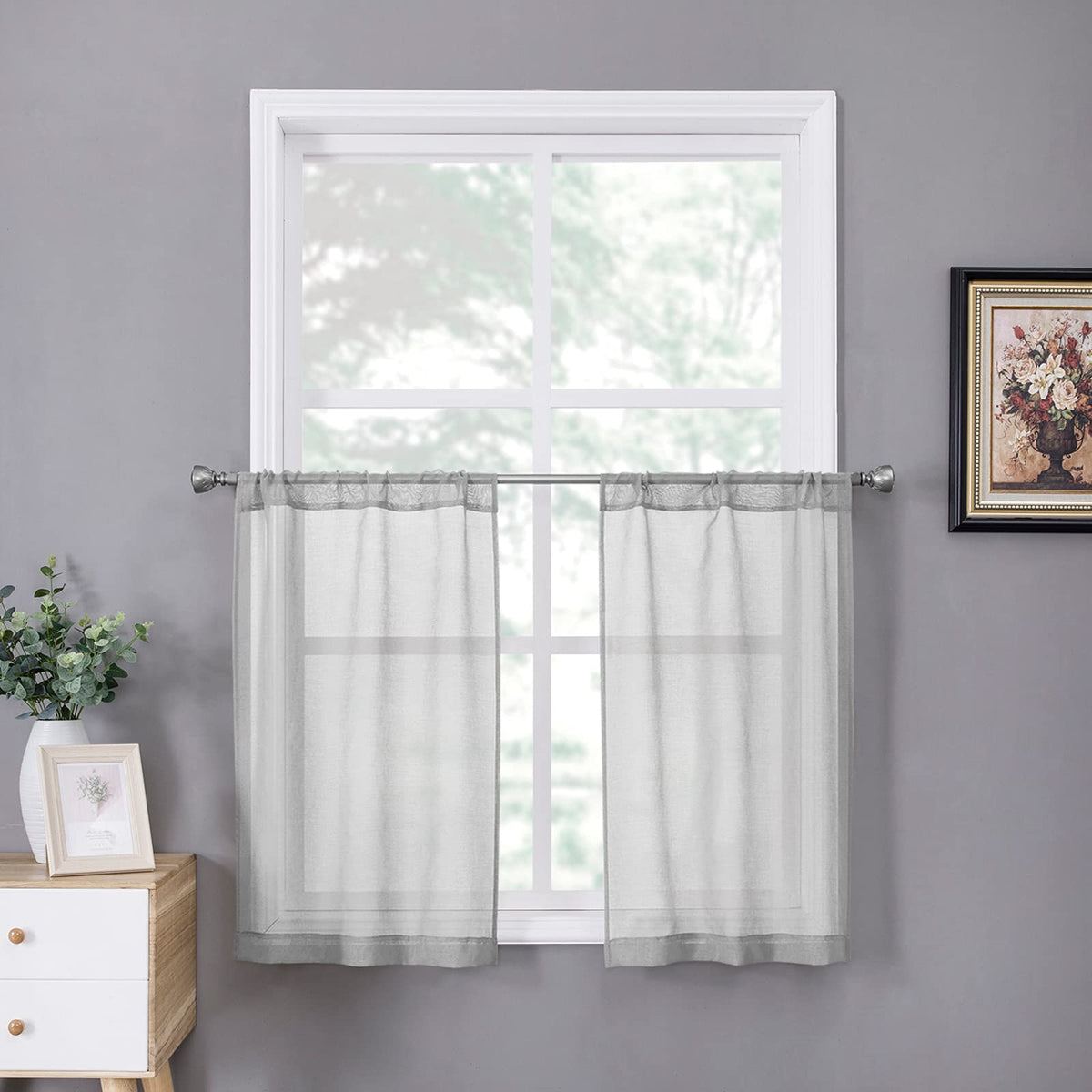 Tollpiz Sheer Curtains Linen Textured Bedroom Curtain Sheers Light Filtering Rod Pocket Voile Curtains for Living Room, 54 x 63 inches Long, White, Set of 2 Panels