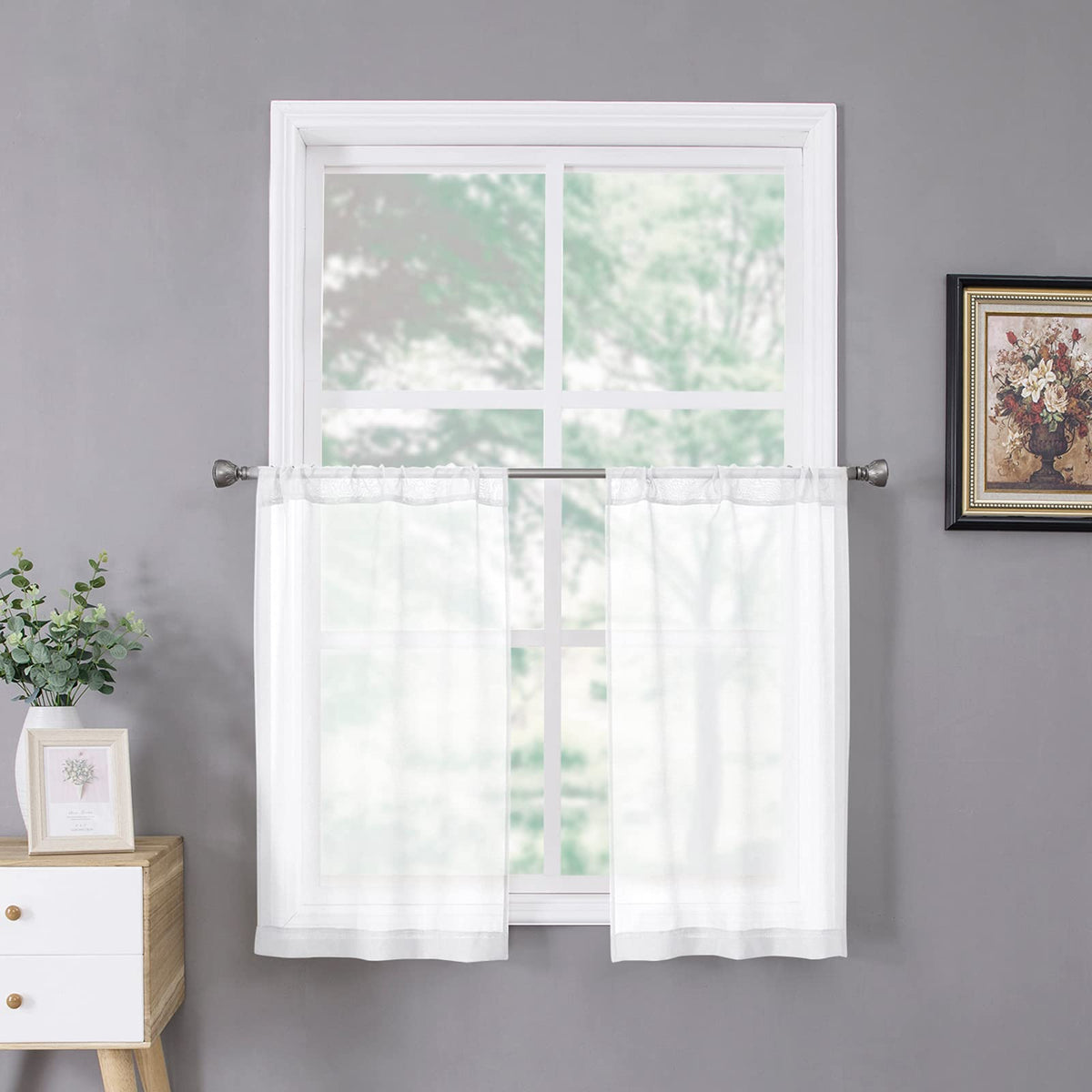 Tollpiz Sheer Curtains Linen Textured Bedroom Curtain Sheers Light Filtering Rod Pocket Voile Curtains for Living Room, 54 x 63 inches Long, White, Set of 2 Panels