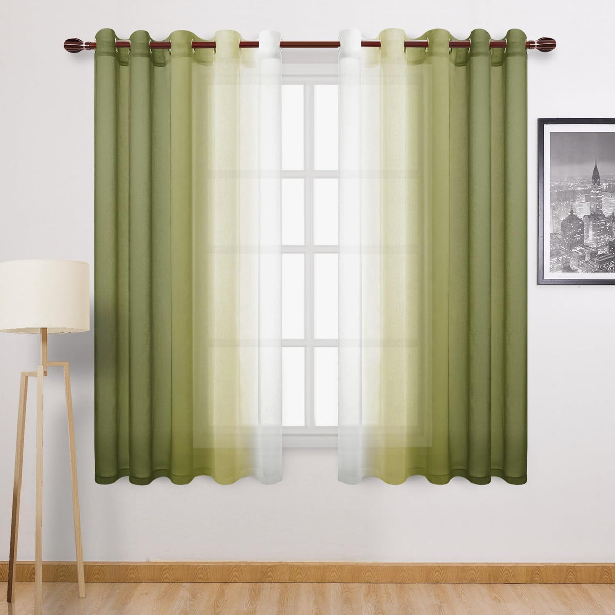 DWCN Blue Linen Ombre Sheer Curtains - Semi Voile Gradient Grommet Top Curtains for Bedroom and Living Room, Set of 2 Window Curtain Panels, 52 x 84 Inches Long, Denim Blue