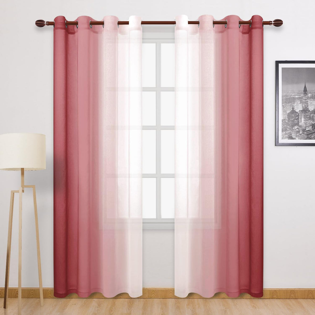 DWCN Blue Linen Ombre Sheer Curtains - Semi Voile Gradient Grommet Top Curtains for Bedroom and Living Room, Set of 2 Window Curtain Panels, 52 x 84 Inches Long, Denim Blue