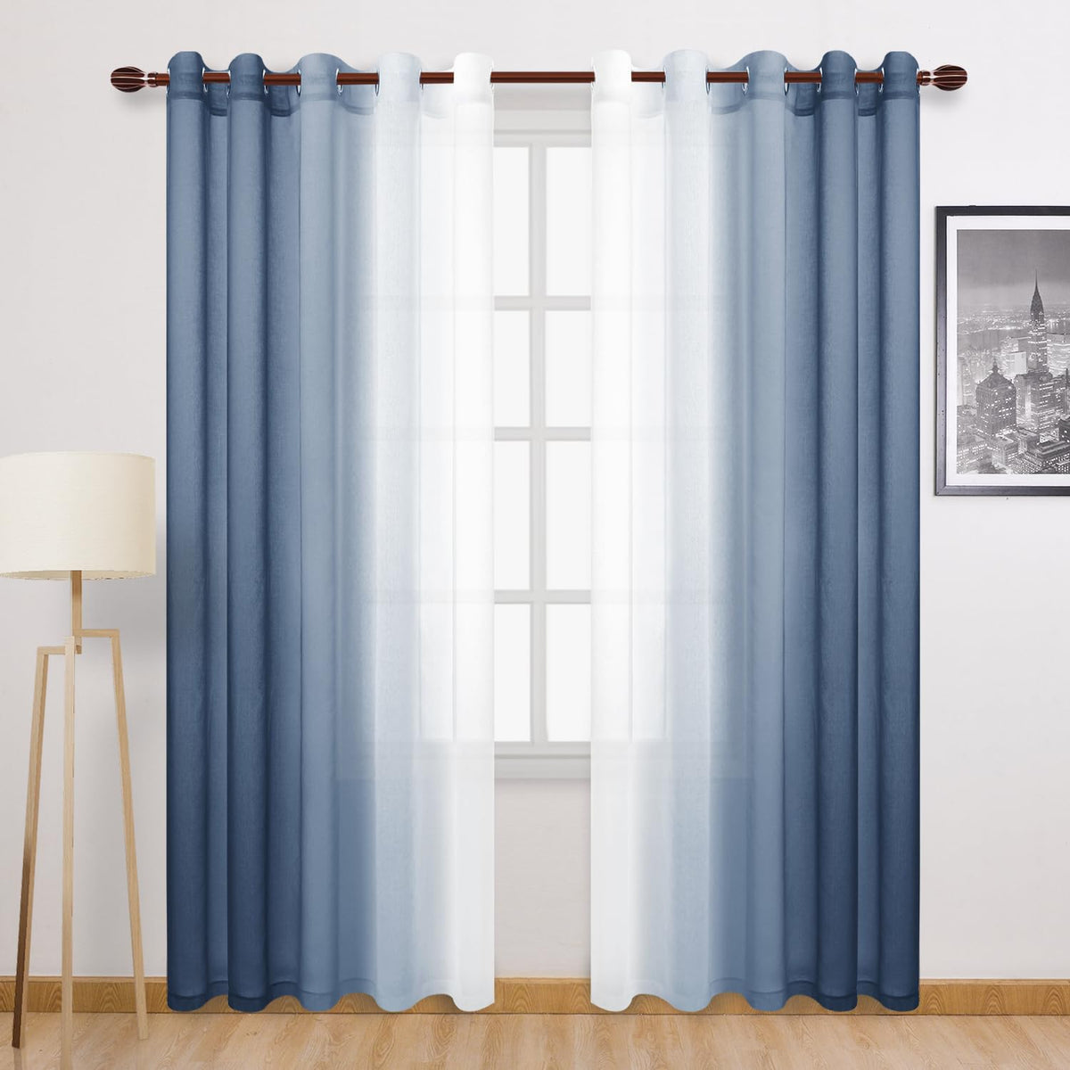 DWCN Blue Linen Ombre Sheer Curtains - Semi Voile Gradient Grommet Top Curtains for Bedroom and Living Room, Set of 2 Window Curtain Panels, 52 x 84 Inches Long, Denim Blue