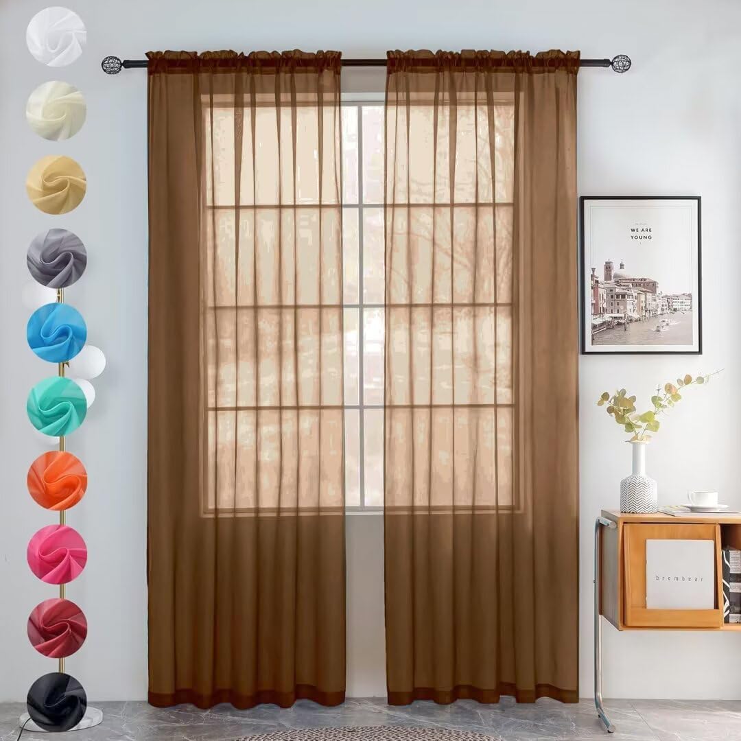 youleyar Solid Sheer Rod Pocket Curtain Voile Draperies 2 Panels White Beige Black Grey Coffee 52 Inch Width 84 Inch Long 1 Pair for Kitchen Bedroom Children Living Room Yard (Orange,52Wｘ84L)