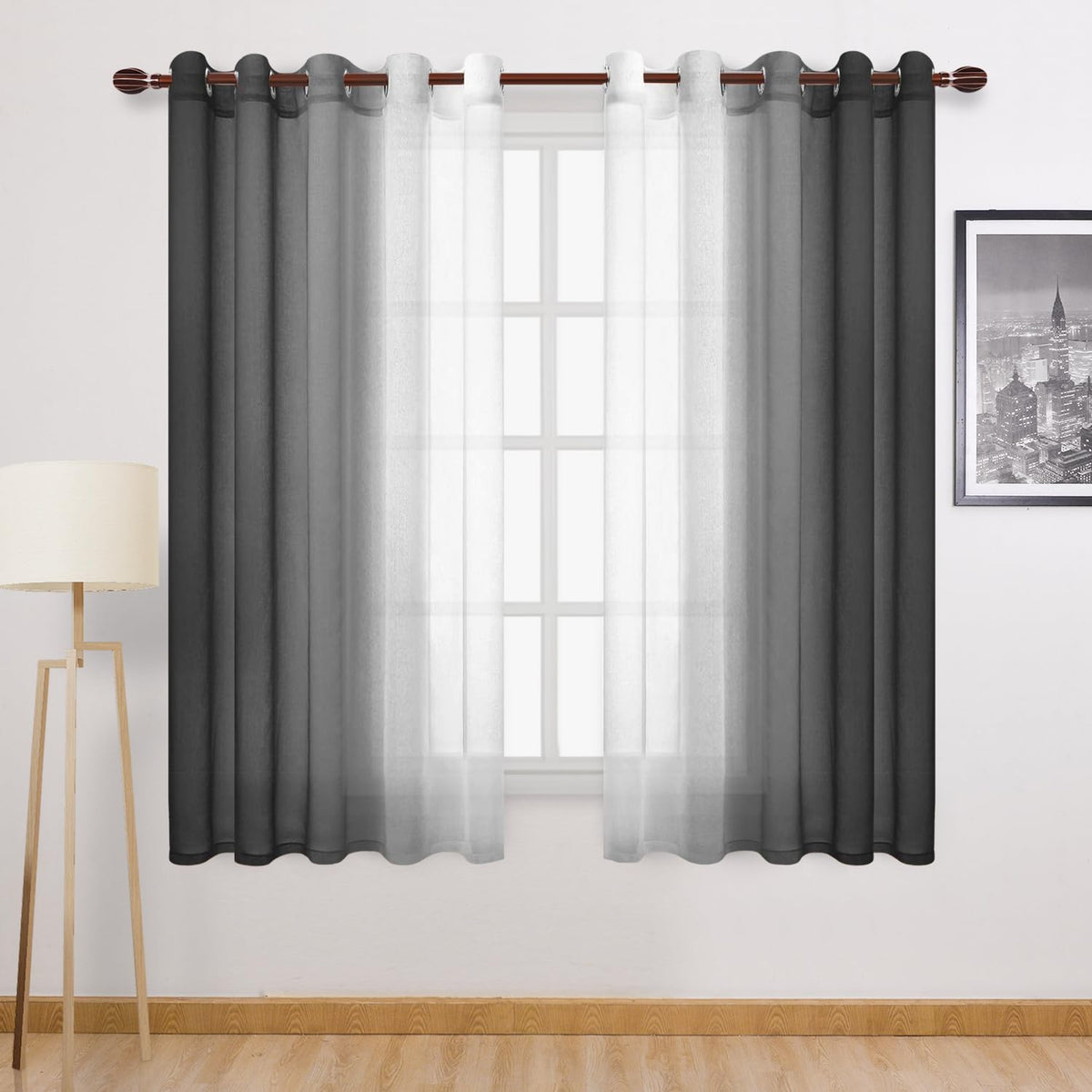 DWCN Blue Linen Ombre Sheer Curtains - Semi Voile Gradient Grommet Top Curtains for Bedroom and Living Room, Set of 2 Window Curtain Panels, 52 x 84 Inches Long, Denim Blue