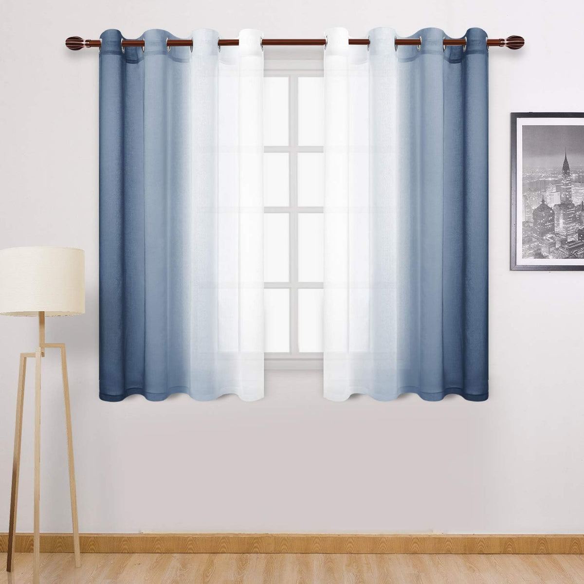 DWCN Blue Linen Ombre Sheer Curtains - Semi Voile Gradient Grommet Top Curtains for Bedroom and Living Room, Set of 2 Window Curtain Panels, 52 x 84 Inches Long, Denim Blue