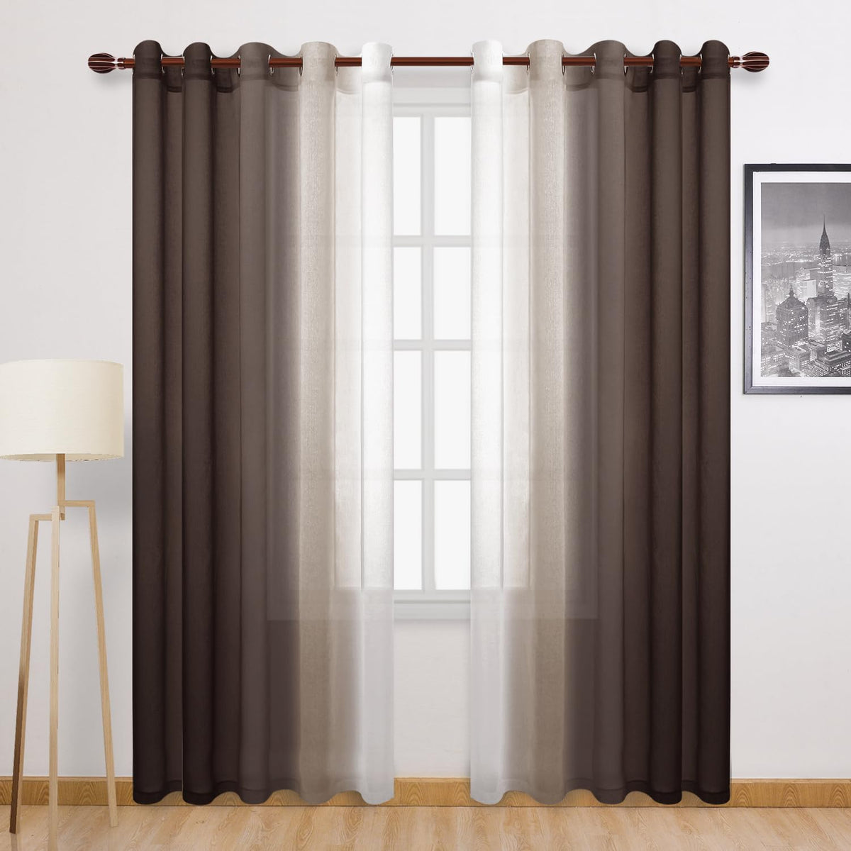 DWCN Blue Linen Ombre Sheer Curtains - Semi Voile Gradient Grommet Top Curtains for Bedroom and Living Room, Set of 2 Window Curtain Panels, 52 x 84 Inches Long, Denim Blue