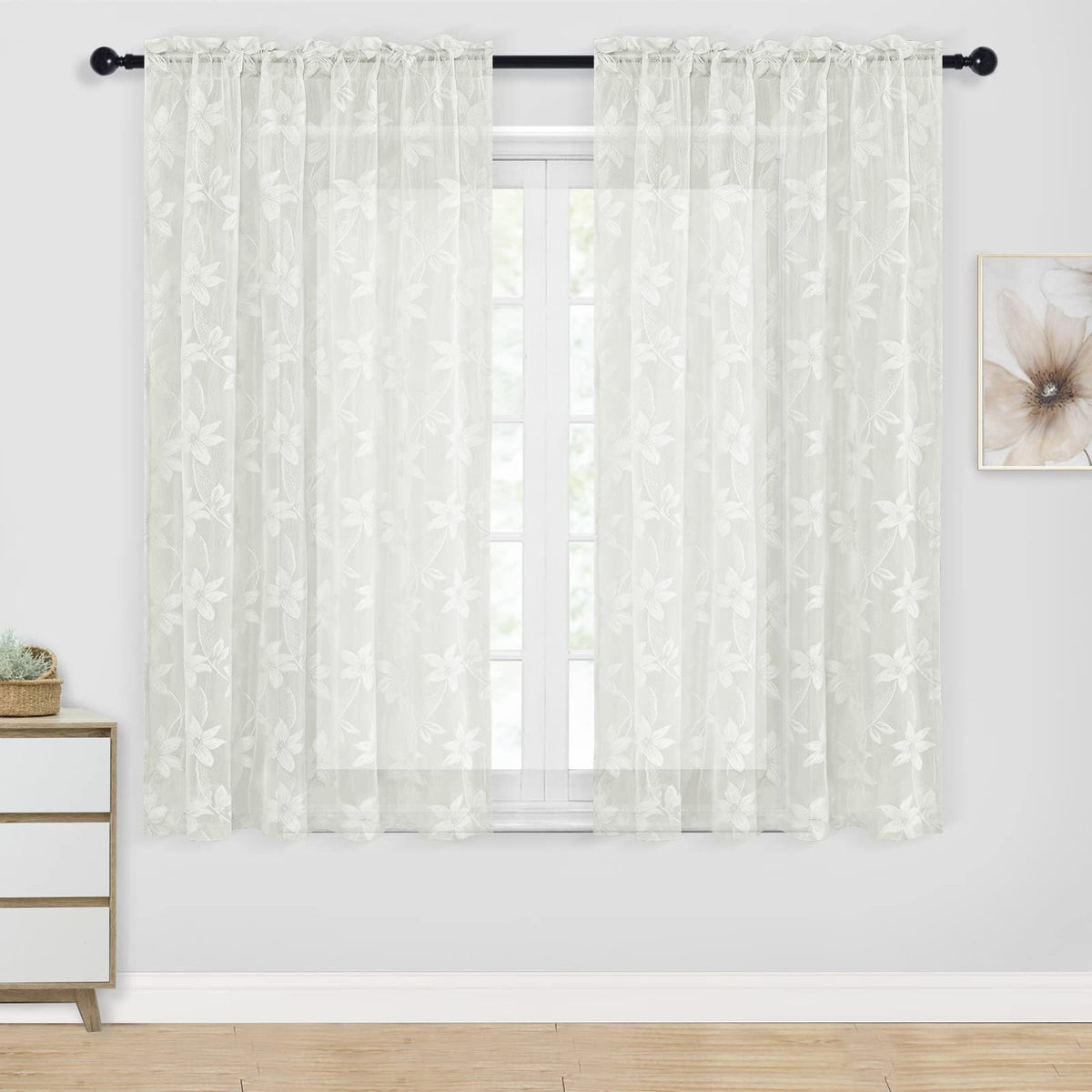 DWCN White Sheer Curtains - Short Curtains Floral Lace Design Rod Pocket Window Voile Sheer Drapes for Bedroom Kitchen Small Window 42 x 54 inch Length, 2 Panels White