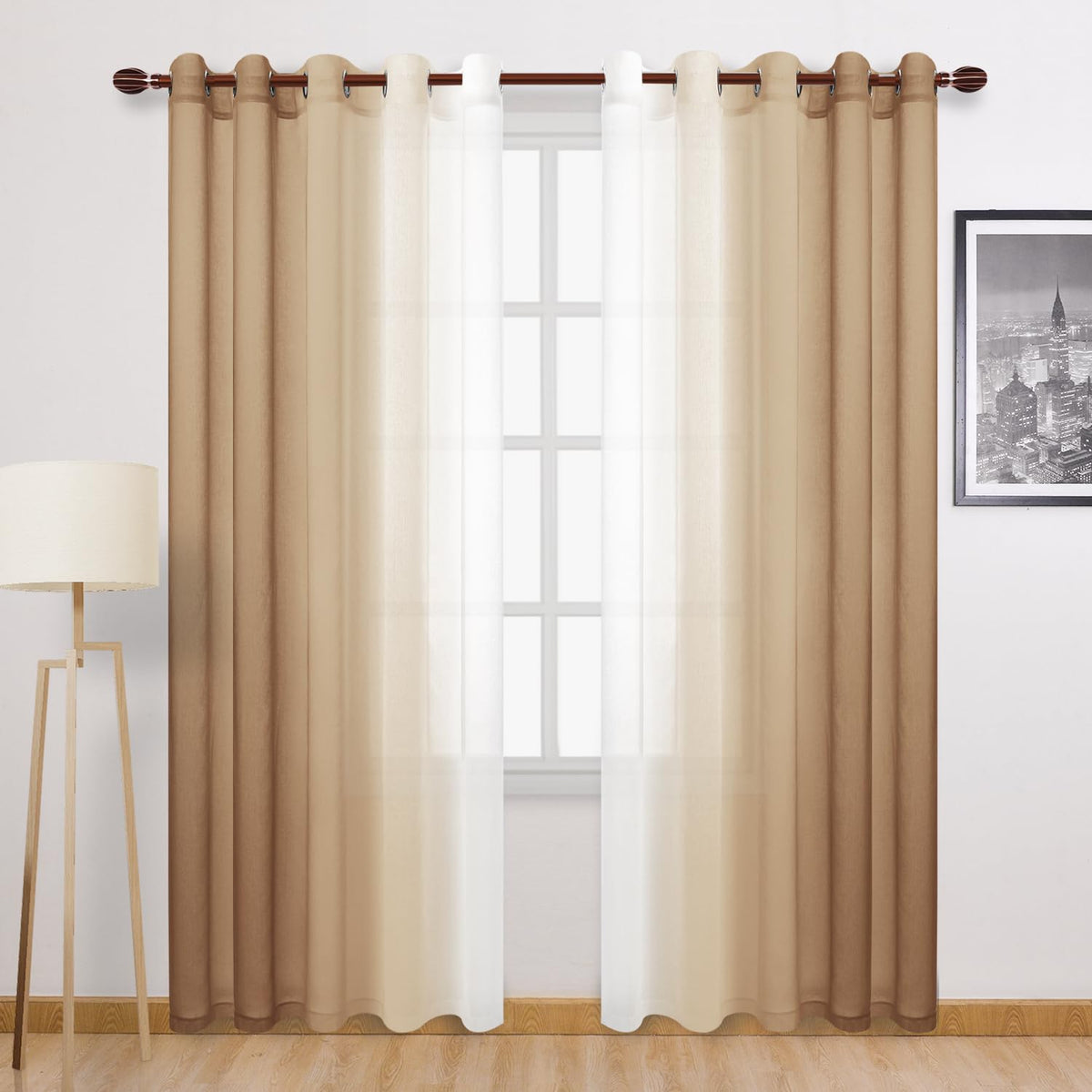 DWCN Blue Linen Ombre Sheer Curtains - Semi Voile Gradient Grommet Top Curtains for Bedroom and Living Room, Set of 2 Window Curtain Panels, 52 x 84 Inches Long, Denim Blue