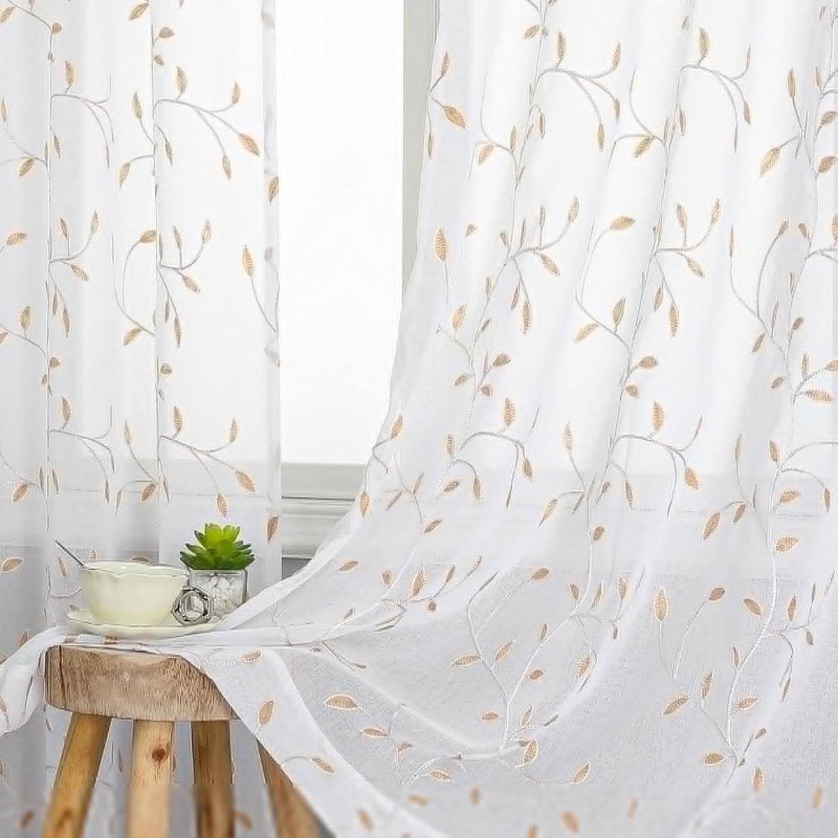 VISIONTEX Sheer Curtains Boho Leaf Floral Embroidered Cream Beige 54Wx84L