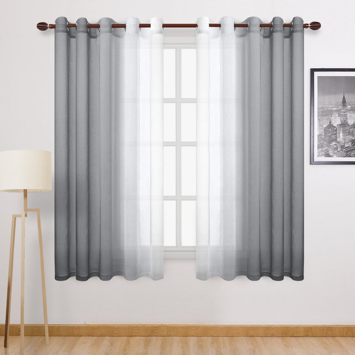 DWCN Blue Linen Ombre Sheer Curtains - Semi Voile Gradient Grommet Top Curtains for Bedroom and Living Room, Set of 2 Window Curtain Panels, 52 x 84 Inches Long, Denim Blue