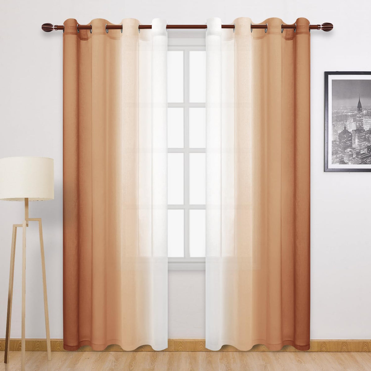 DWCN Blue Linen Ombre Sheer Curtains - Semi Voile Gradient Grommet Top Curtains for Bedroom and Living Room, Set of 2 Window Curtain Panels, 52 x 84 Inches Long, Denim Blue