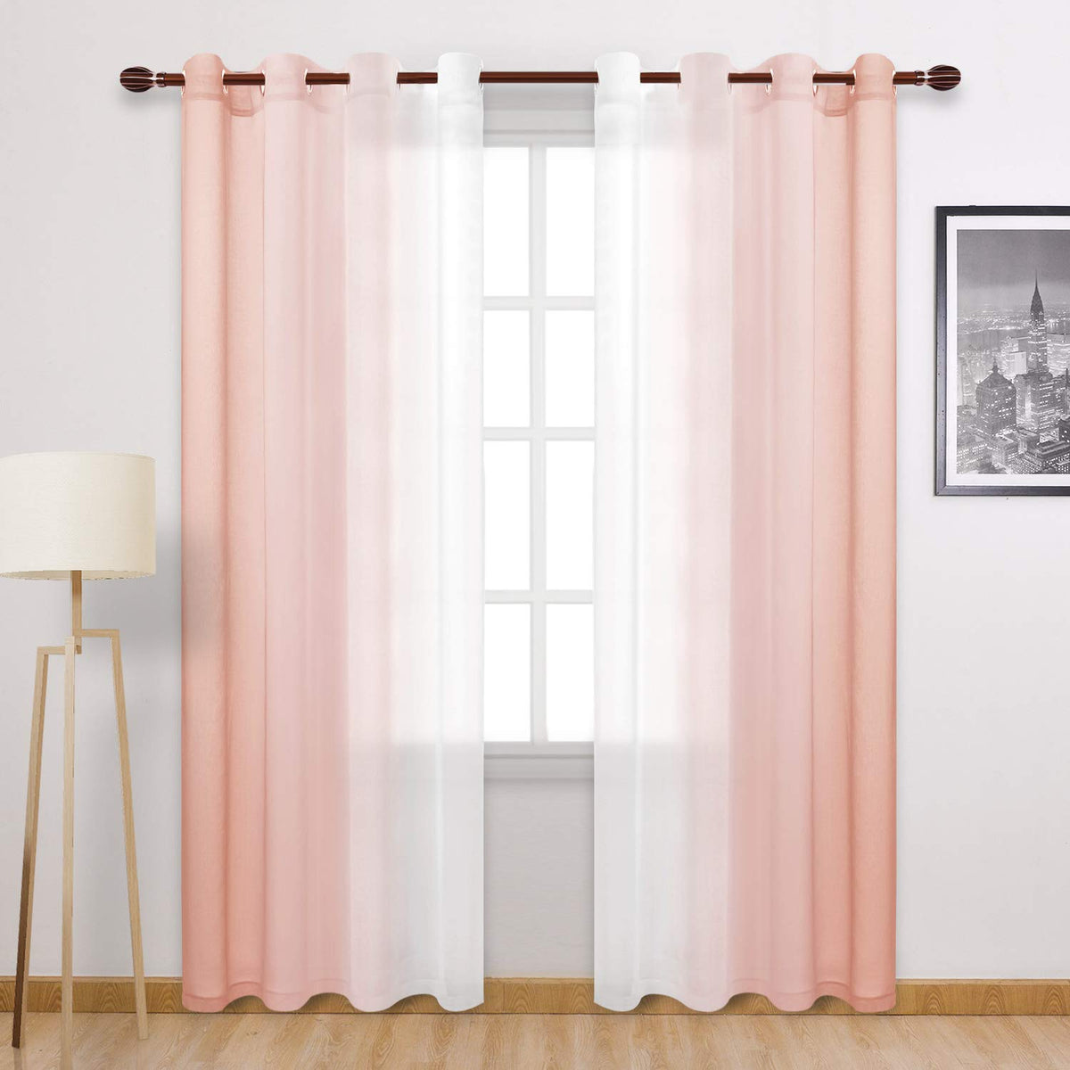 DWCN Blue Linen Ombre Sheer Curtains - Semi Voile Gradient Grommet Top Curtains for Bedroom and Living Room, Set of 2 Window Curtain Panels, 52 x 84 Inches Long, Denim Blue