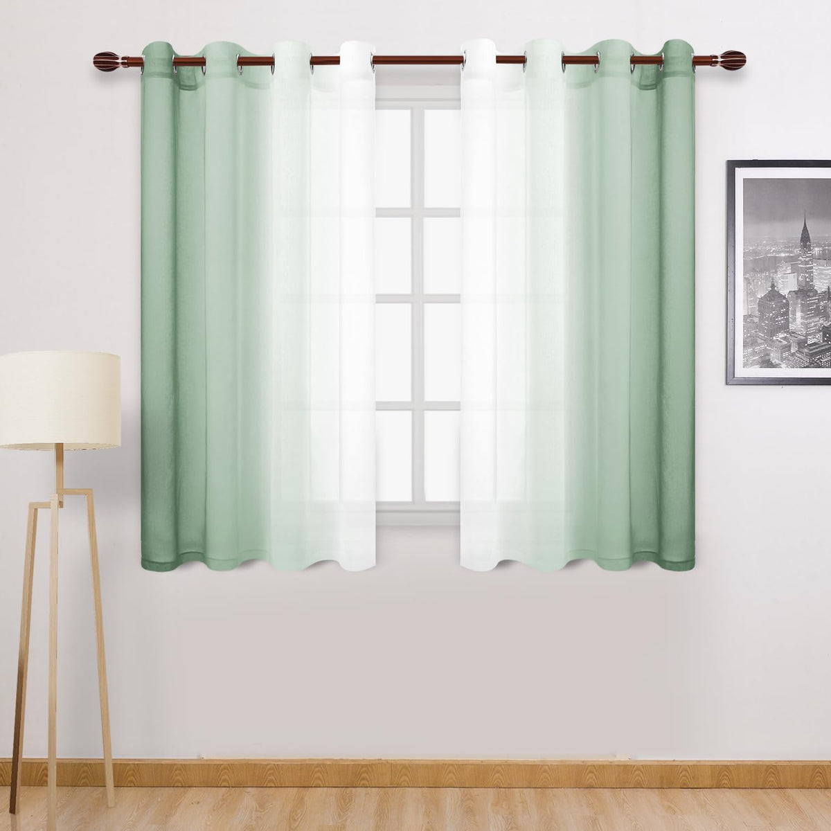 DWCN Blue Linen Ombre Sheer Curtains - Semi Voile Gradient Grommet Top Curtains for Bedroom and Living Room, Set of 2 Window Curtain Panels, 52 x 84 Inches Long, Denim Blue
