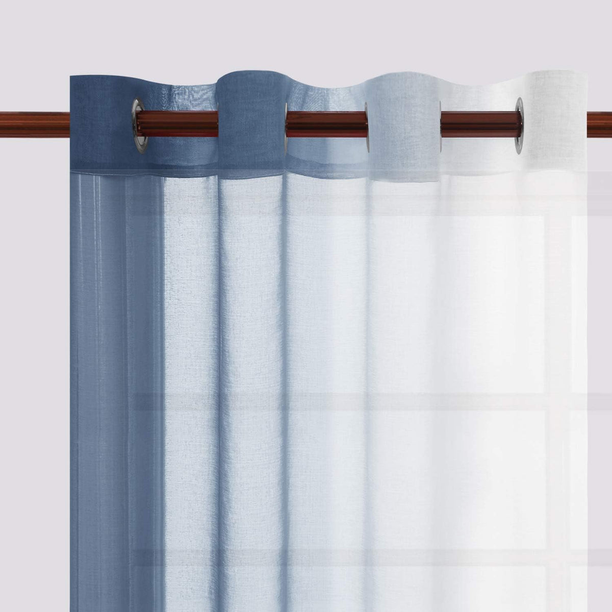 DWCN Blue Linen Ombre Sheer Curtains - Semi Voile Gradient Grommet Top Curtains for Bedroom and Living Room, Set of 2 Window Curtain Panels, 52 x 84 Inches Long, Denim Blue