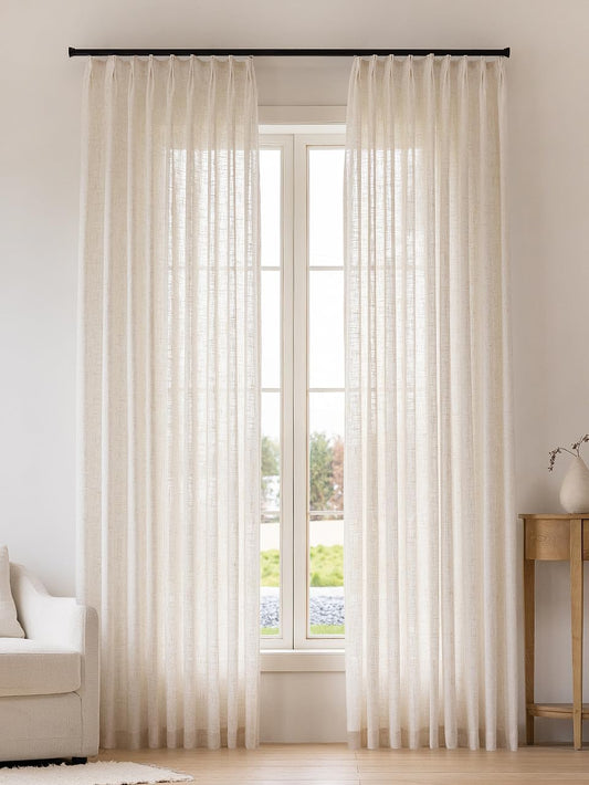 Liz Sheer Pinch Pleated Linen Curtains 102 Inches Long - Light Filtering Pleat Curtains for Living Room, Window Curtains for Bedroom, Luxury Pinch Pleated Drapes with Hooks, Natural, 2 Panels Set