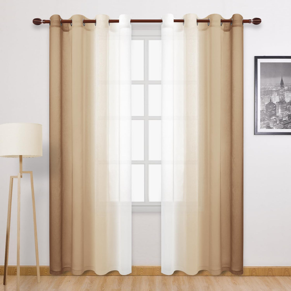 DWCN Blue Linen Ombre Sheer Curtains - Semi Voile Gradient Grommet Top Curtains for Bedroom and Living Room, Set of 2 Window Curtain Panels, 52 x 84 Inches Long, Denim Blue