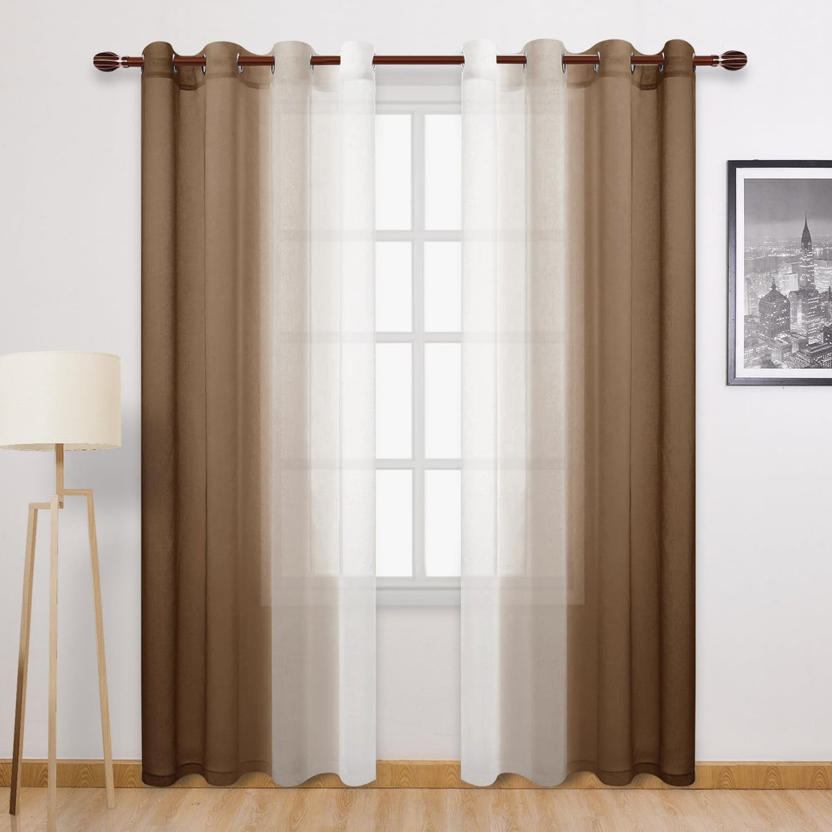 DWCN Blue Linen Ombre Sheer Curtains - Semi Voile Gradient Grommet Top Curtains for Bedroom and Living Room, Set of 2 Window Curtain Panels, 52 x 84 Inches Long, Denim Blue