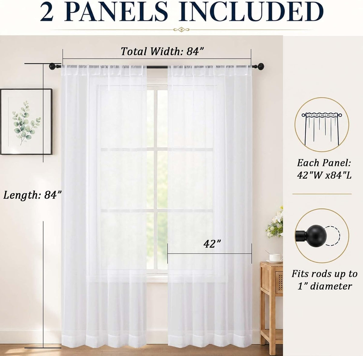Chyhomenyc White Sheer Curtains 84 inch Long for Living Room, 2 Panels