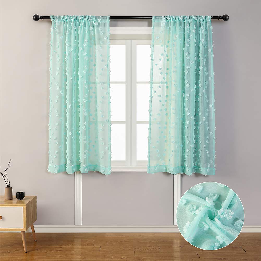 MYSKY HOME Beige Boho Sheer Curtains with Cream Pom Pom 50Wx84L,2 Panels
