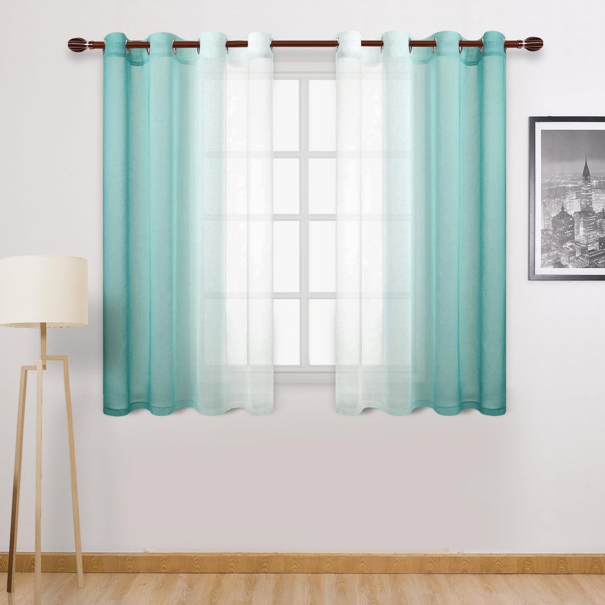 DWCN Blue Linen Ombre Sheer Curtains - Semi Voile Gradient Grommet Top Curtains for Bedroom and Living Room, Set of 2 Window Curtain Panels, 52 x 84 Inches Long, Denim Blue