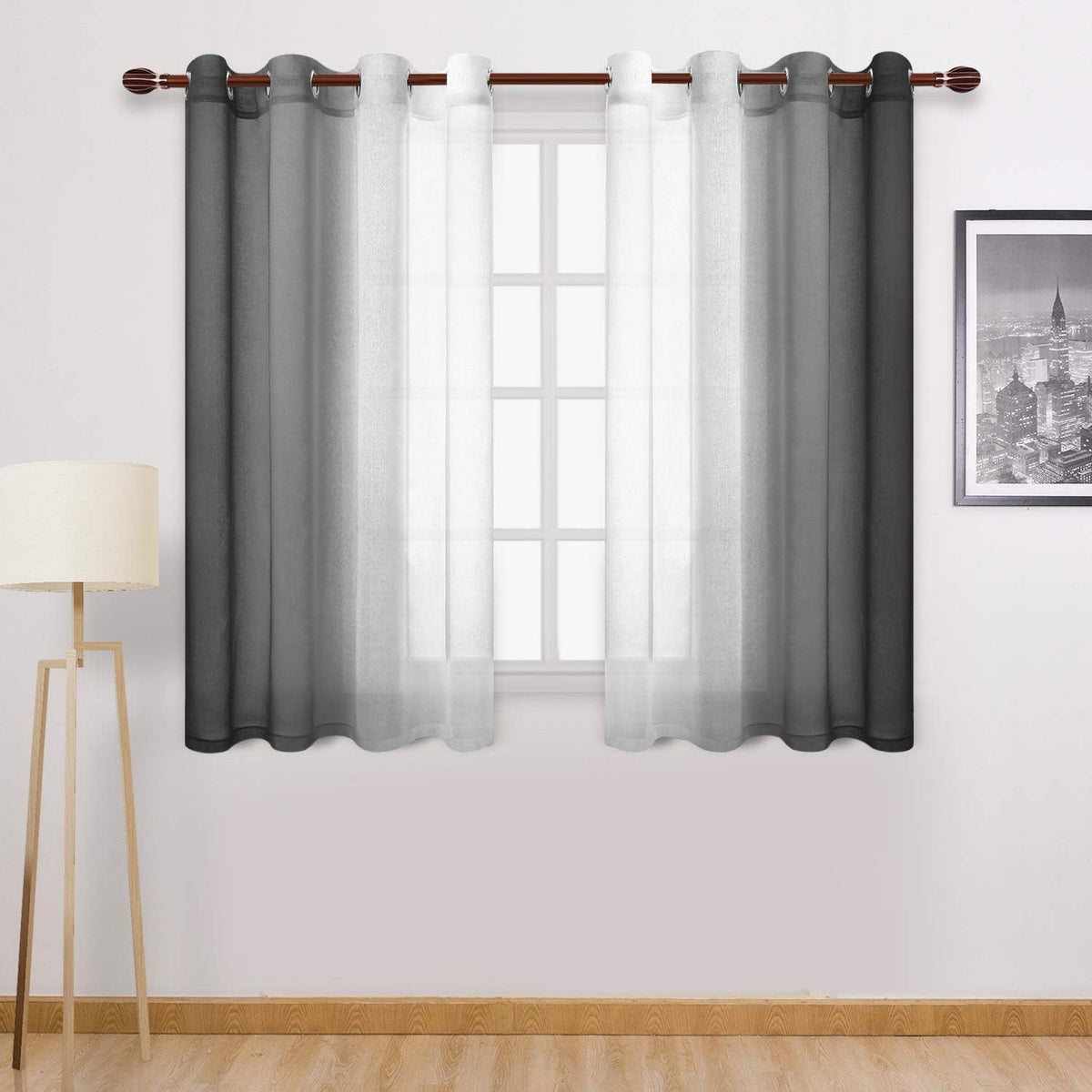 DWCN Blue Linen Ombre Sheer Curtains - Semi Voile Gradient Grommet Top Curtains for Bedroom and Living Room, Set of 2 Window Curtain Panels, 52 x 84 Inches Long, Denim Blue
