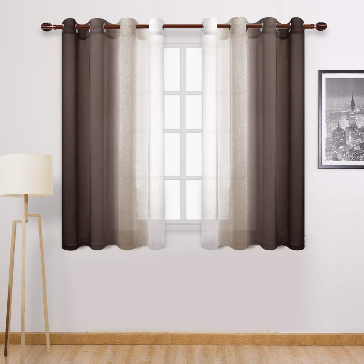 DWCN Blue Linen Ombre Sheer Curtains - Semi Voile Gradient Grommet Top Curtains for Bedroom and Living Room, Set of 2 Window Curtain Panels, 52 x 84 Inches Long, Denim Blue