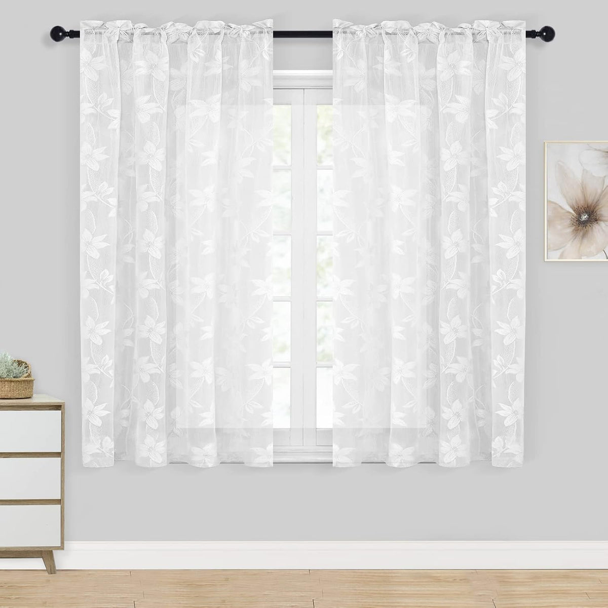 DWCN White Sheer Curtains - Short Curtains Floral Lace Design Rod Pocket Window Voile Sheer Drapes for Bedroom Kitchen Small Window 42 x 54 inch Length, 2 Panels White