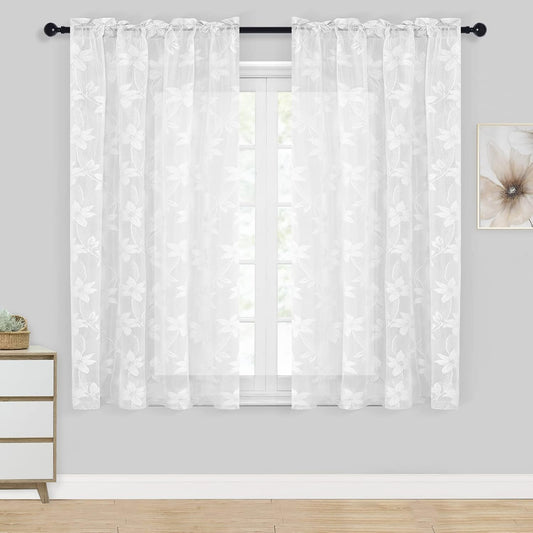 DWCN White Sheer Curtains - Short Curtains Floral Lace Design Rod Pocket Window Voile Sheer Drapes for Bedroom Kitchen Small Window 42 x 54 inch Length, 2 Panels White