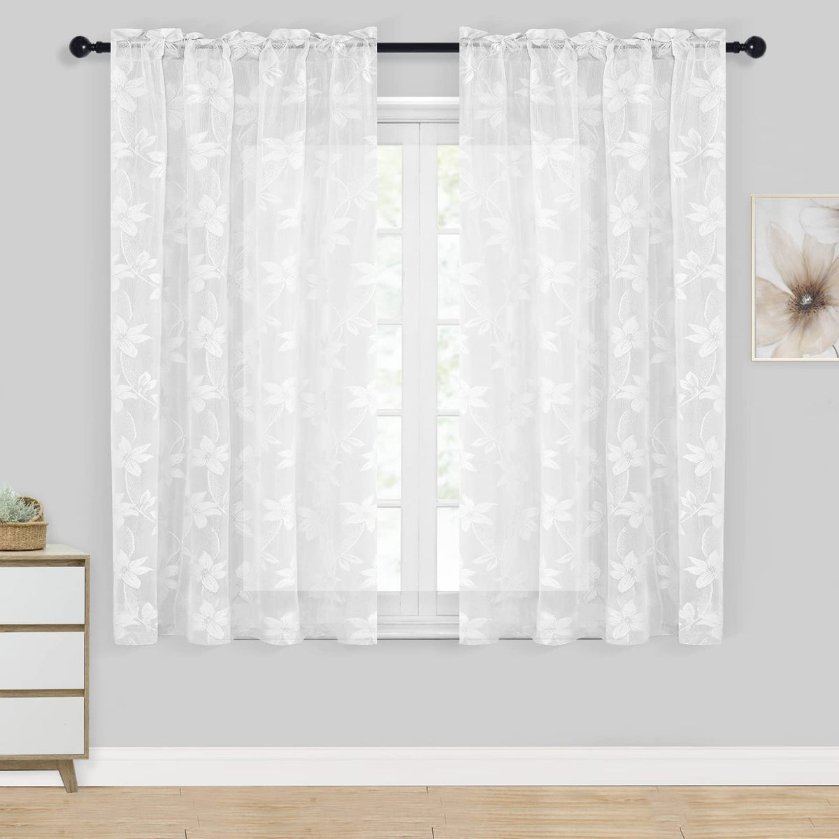 DWCN White Sheer Curtains - Short Curtains Floral Lace Design Rod Pocket Window Voile Sheer Drapes for Bedroom Kitchen Small Window 42 x 54 inch Length, 2 Panels White