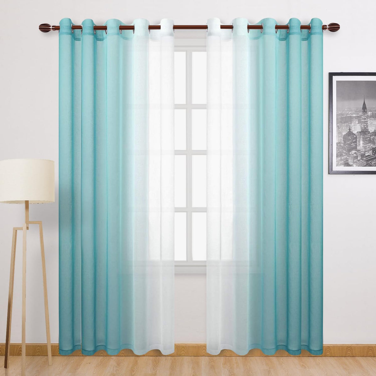 DWCN Blue Linen Ombre Sheer Curtains - Semi Voile Gradient Grommet Top Curtains for Bedroom and Living Room, Set of 2 Window Curtain Panels, 52 x 84 Inches Long, Denim Blue