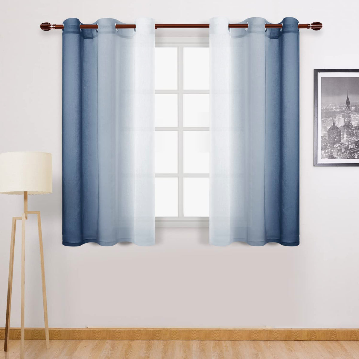 DWCN Blue Linen Ombre Sheer Curtains - Semi Voile Gradient Grommet Top Curtains for Bedroom and Living Room, Set of 2 Window Curtain Panels, 52 x 84 Inches Long, Denim Blue