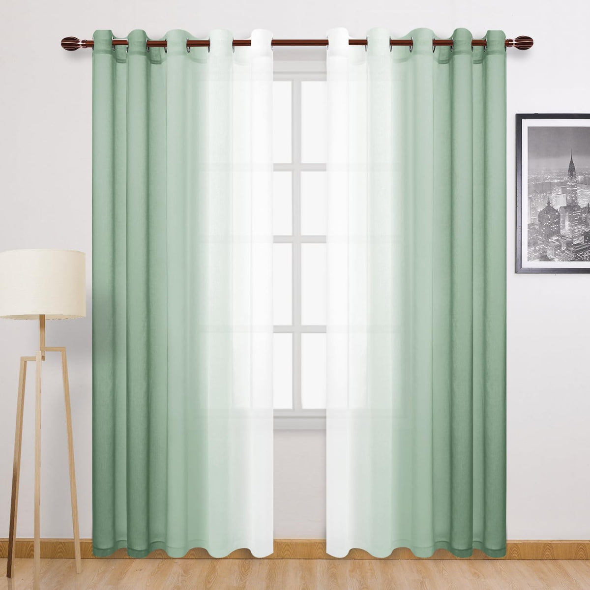 DWCN Blue Linen Ombre Sheer Curtains - Semi Voile Gradient Grommet Top Curtains for Bedroom and Living Room, Set of 2 Window Curtain Panels, 52 x 84 Inches Long, Denim Blue