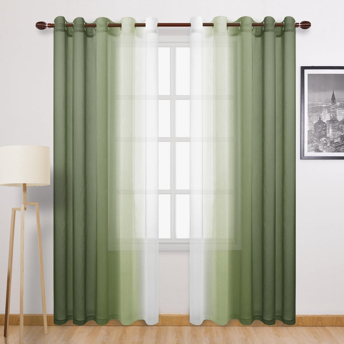 DWCN Blue Linen Ombre Sheer Curtains - Semi Voile Gradient Grommet Top Curtains for Bedroom and Living Room, Set of 2 Window Curtain Panels, 52 x 84 Inches Long, Denim Blue