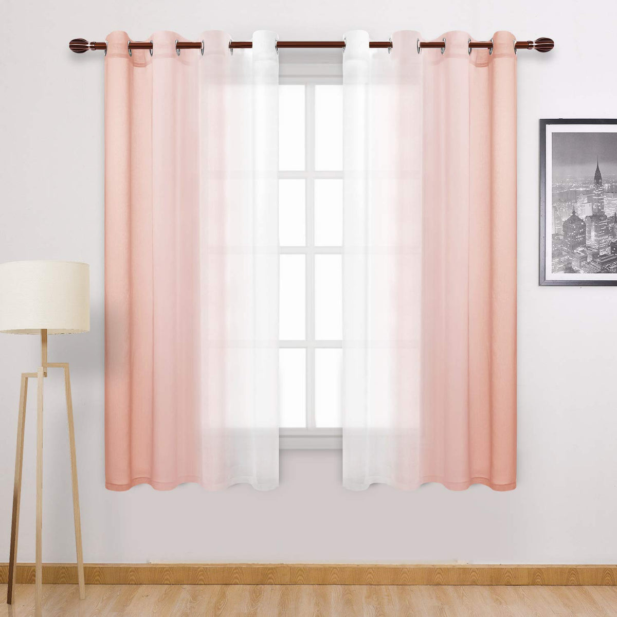 DWCN Blue Linen Ombre Sheer Curtains - Semi Voile Gradient Grommet Top Curtains for Bedroom and Living Room, Set of 2 Window Curtain Panels, 52 x 84 Inches Long, Denim Blue