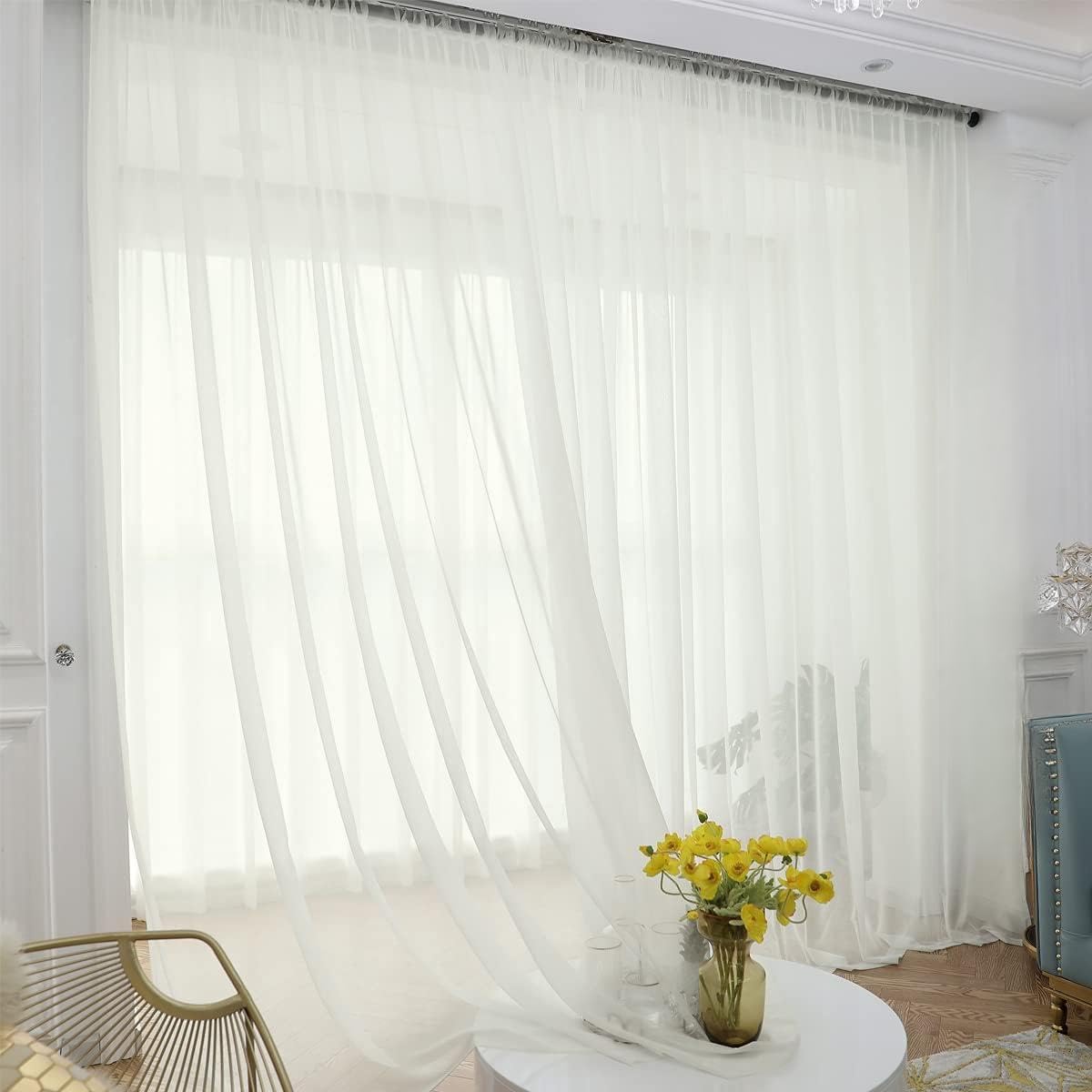 ABCHOME White Sheer Curtains 84 Inches Long 2 Panels,Rod Pocket Voile Semi Sheer Window Curtains for Kitchen, Bedroom and Living Room(White, 52 W x 84 L)