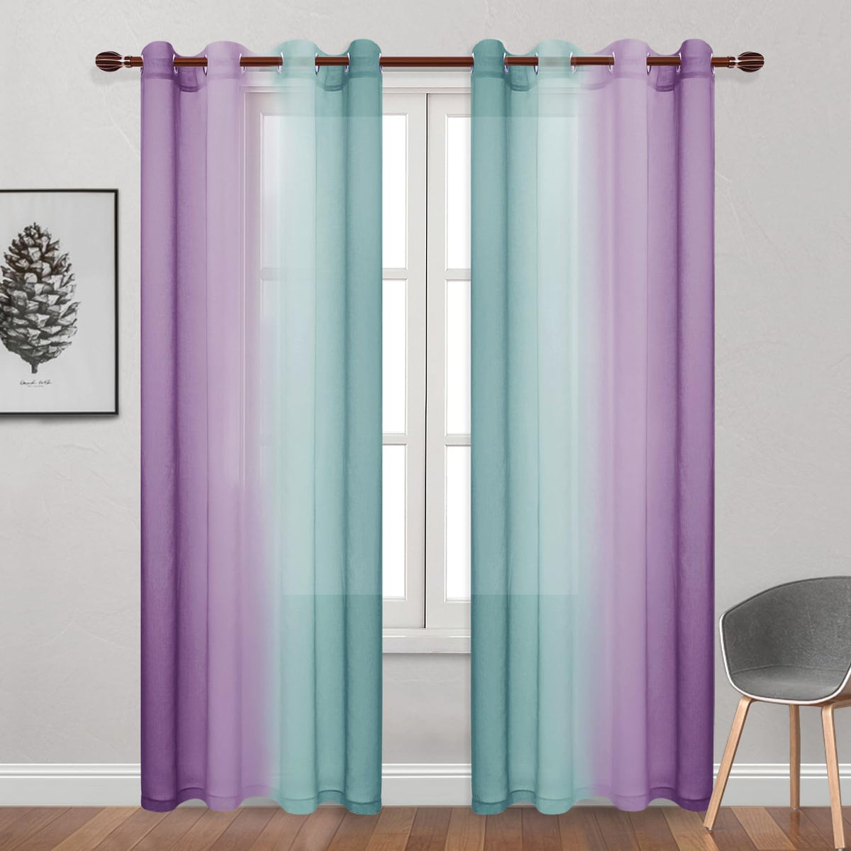 DWCN Blue Linen Ombre Sheer Curtains - Semi Voile Gradient Grommet Top Curtains for Bedroom and Living Room, Set of 2 Window Curtain Panels, 52 x 84 Inches Long, Denim Blue