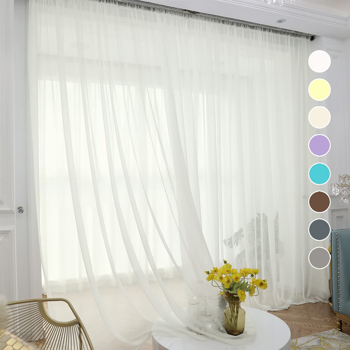 ABCHOME White Sheer Curtains 84 Inches Long 2 Panels,Rod Pocket Voile Semi Sheer Window Curtains for Kitchen, Bedroom and Living Room(White, 52 W x 84 L)