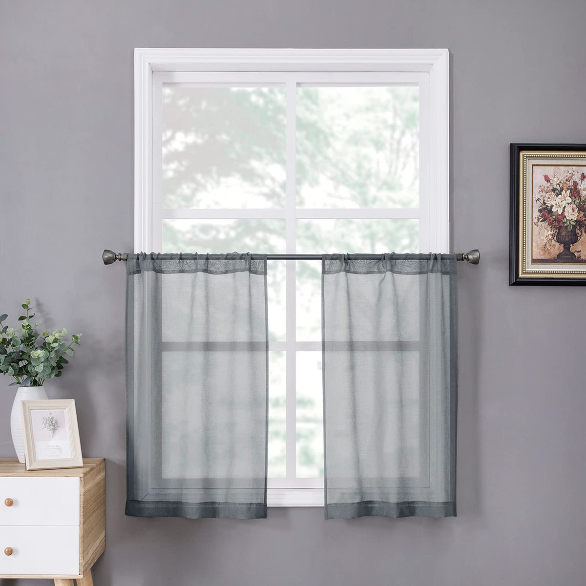 Tollpiz Sheer Curtains Linen Textured Bedroom Curtain Sheers Light Filtering Rod Pocket Voile Curtains for Living Room, 54 x 63 inches Long, White, Set of 2 Panels
