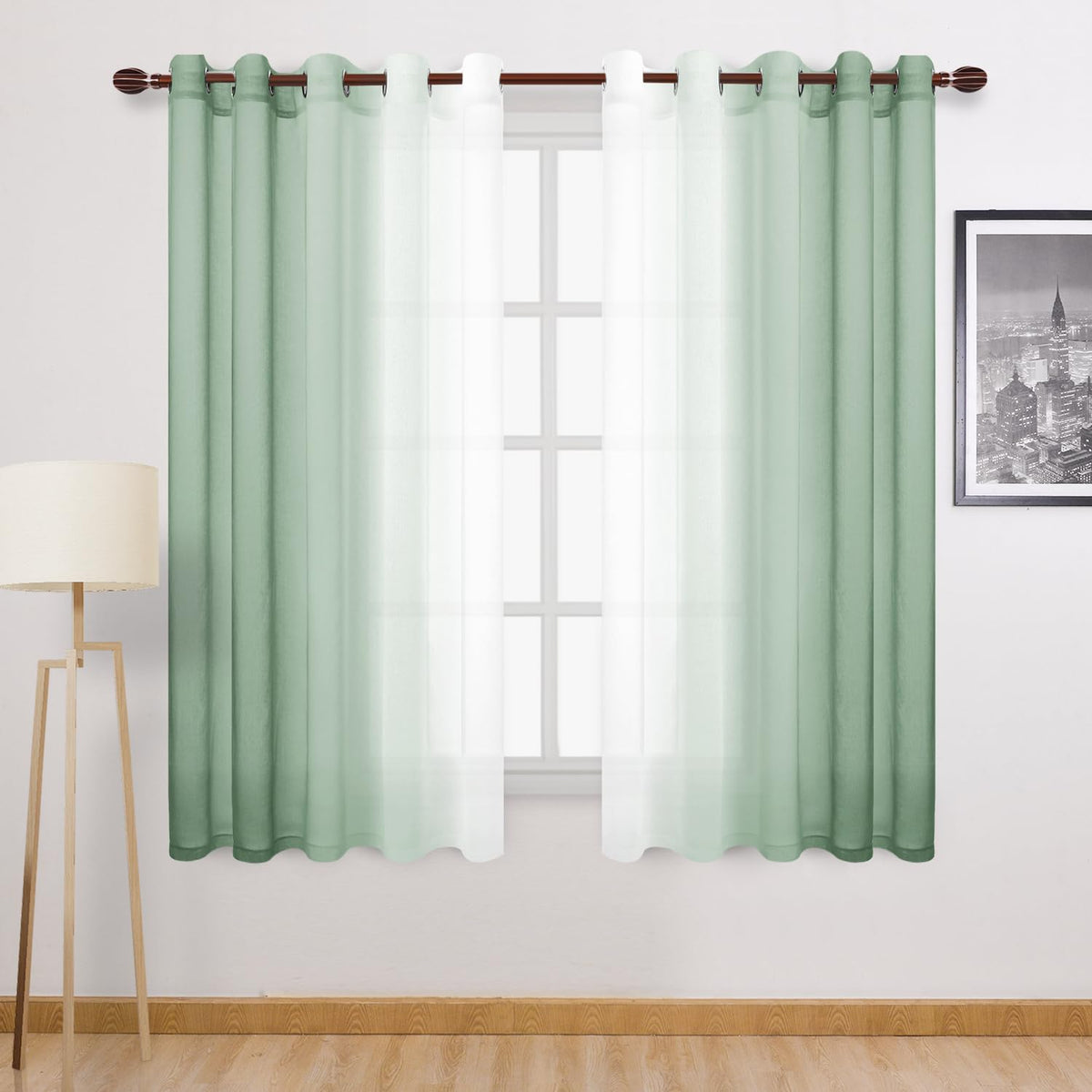 DWCN Blue Linen Ombre Sheer Curtains - Semi Voile Gradient Grommet Top Curtains for Bedroom and Living Room, Set of 2 Window Curtain Panels, 52 x 84 Inches Long, Denim Blue