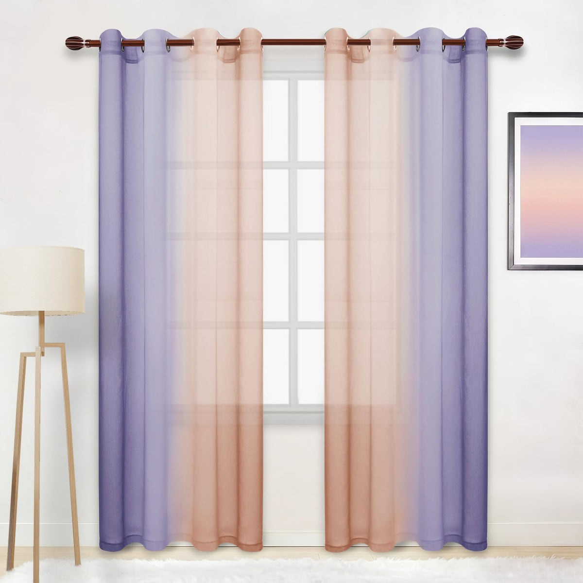 DWCN Blue Linen Ombre Sheer Curtains - Semi Voile Gradient Grommet Top Curtains for Bedroom and Living Room, Set of 2 Window Curtain Panels, 52 x 84 Inches Long, Denim Blue