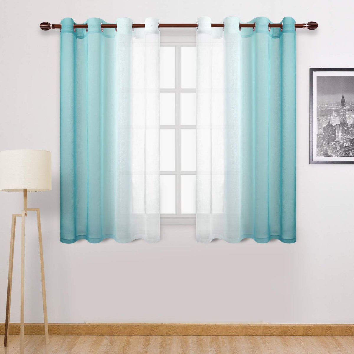 DWCN Blue Linen Ombre Sheer Curtains - Semi Voile Gradient Grommet Top Curtains for Bedroom and Living Room, Set of 2 Window Curtain Panels, 52 x 84 Inches Long, Denim Blue