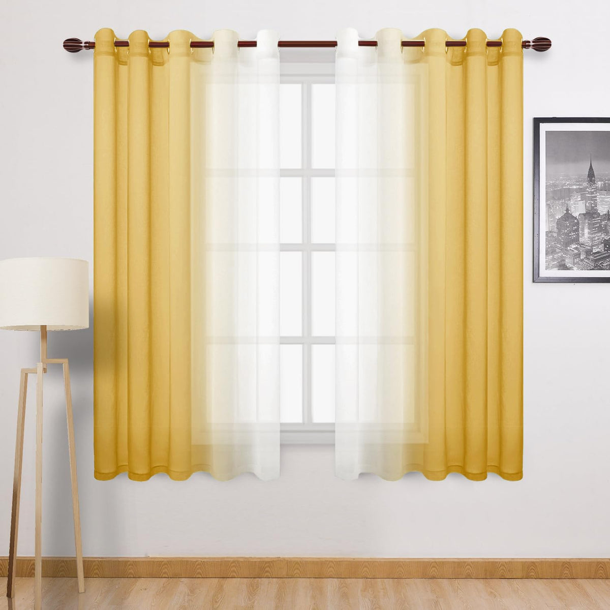 DWCN Blue Linen Ombre Sheer Curtains - Semi Voile Gradient Grommet Top Curtains for Bedroom and Living Room, Set of 2 Window Curtain Panels, 52 x 84 Inches Long, Denim Blue