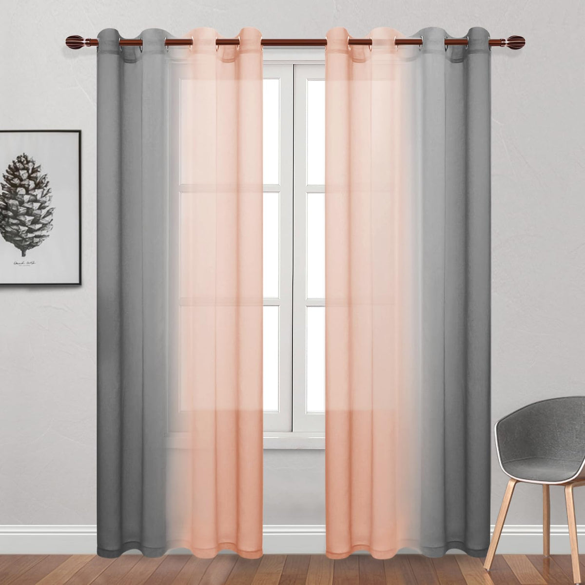 DWCN Blue Linen Ombre Sheer Curtains - Semi Voile Gradient Grommet Top Curtains for Bedroom and Living Room, Set of 2 Window Curtain Panels, 52 x 84 Inches Long, Denim Blue