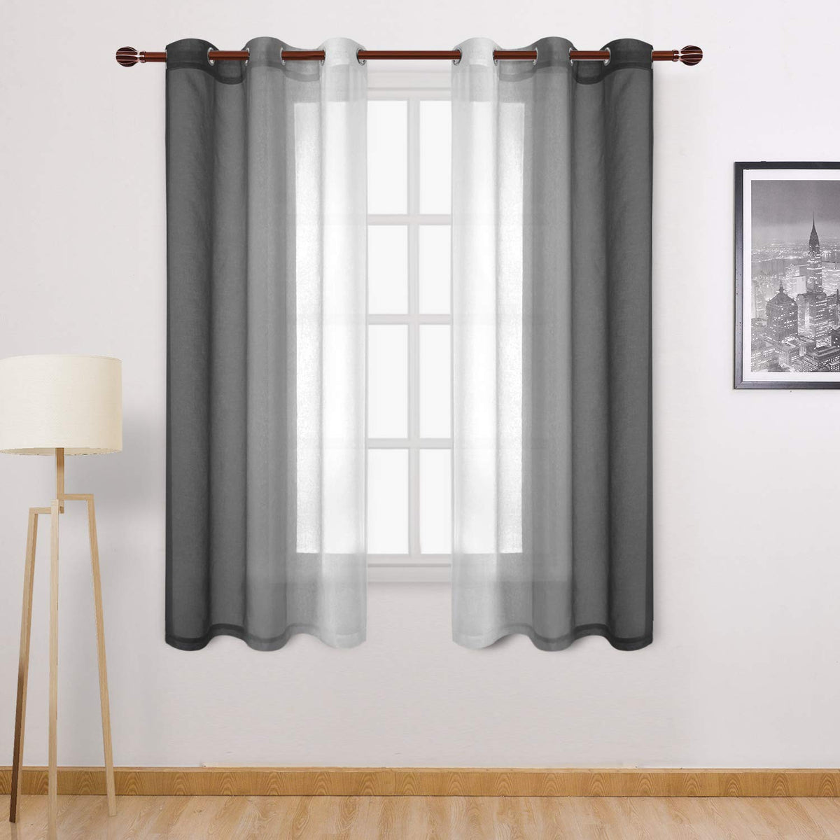 DWCN Blue Linen Ombre Sheer Curtains - Semi Voile Gradient Grommet Top Curtains for Bedroom and Living Room, Set of 2 Window Curtain Panels, 52 x 84 Inches Long, Denim Blue