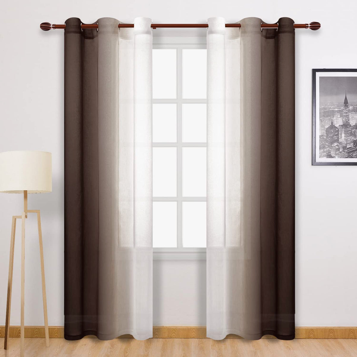 DWCN Blue Linen Ombre Sheer Curtains - Semi Voile Gradient Grommet Top Curtains for Bedroom and Living Room, Set of 2 Window Curtain Panels, 52 x 84 Inches Long, Denim Blue