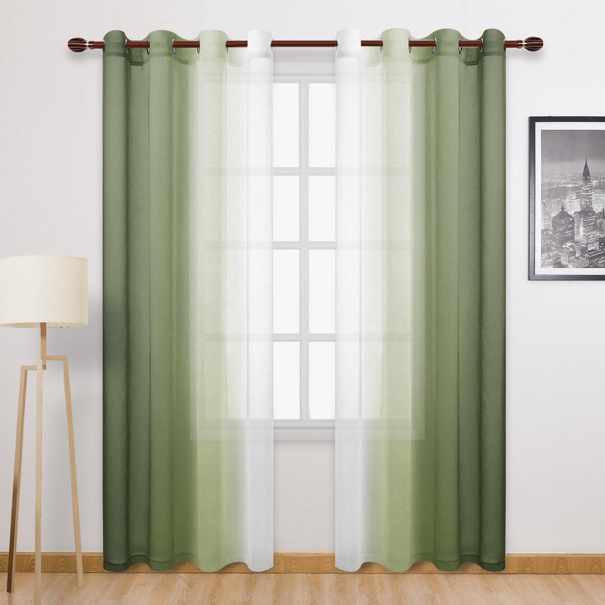 DWCN Blue Linen Ombre Sheer Curtains - Semi Voile Gradient Grommet Top Curtains for Bedroom and Living Room, Set of 2 Window Curtain Panels, 52 x 84 Inches Long, Denim Blue