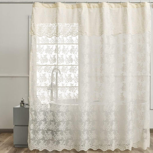 Ivory Lace Shower Curtain 72x72, Vintage Shabby Chic with Attached Valance