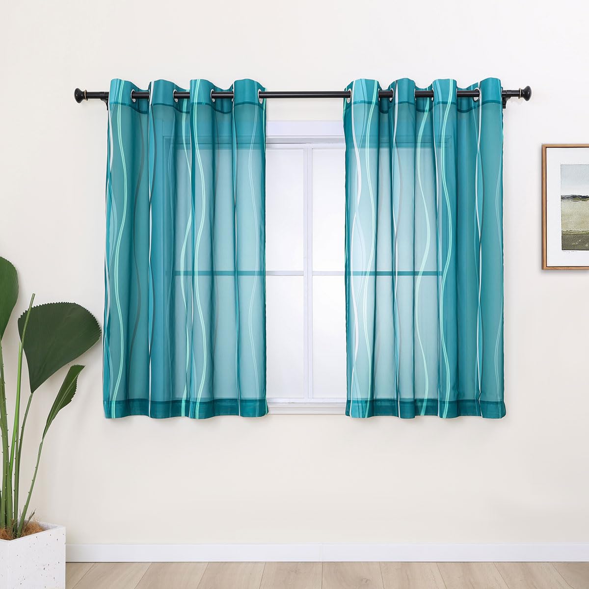 L.Z.E White and Teal Sheer Curtains 84 Inches Long, Light Filtering Elegant Patterned Curtains with Design for Living Room Bedroom Dining Room, Lightweight Window Drapes, Grommet Top 2 Panels Set