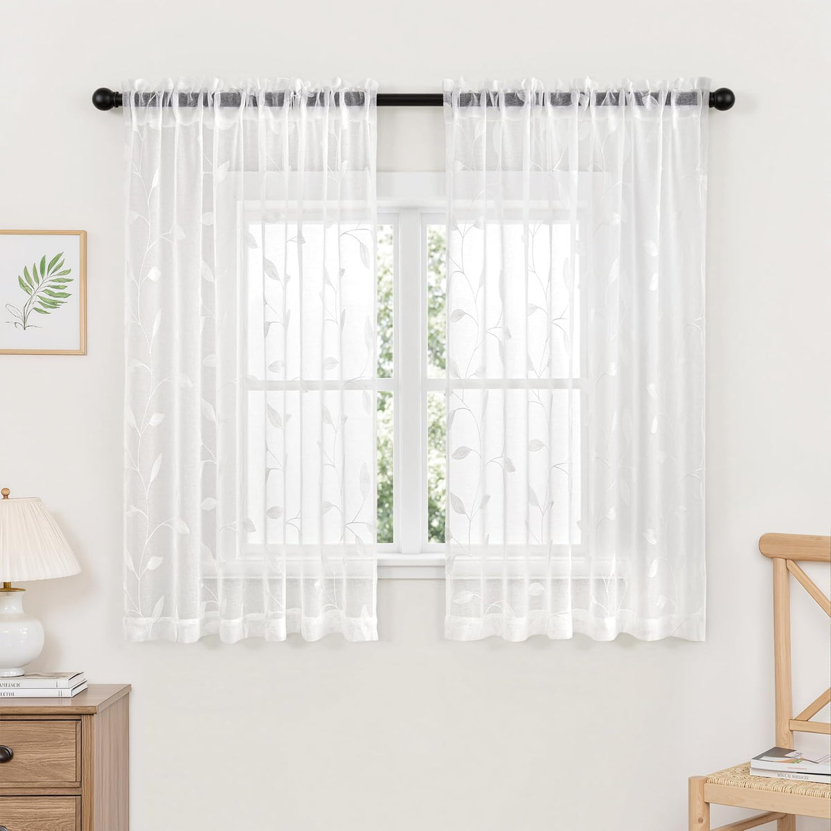 MIULEE Beige Sheer Curtains 2 Panels Embroidered Leaf Patterned, W52 x L84