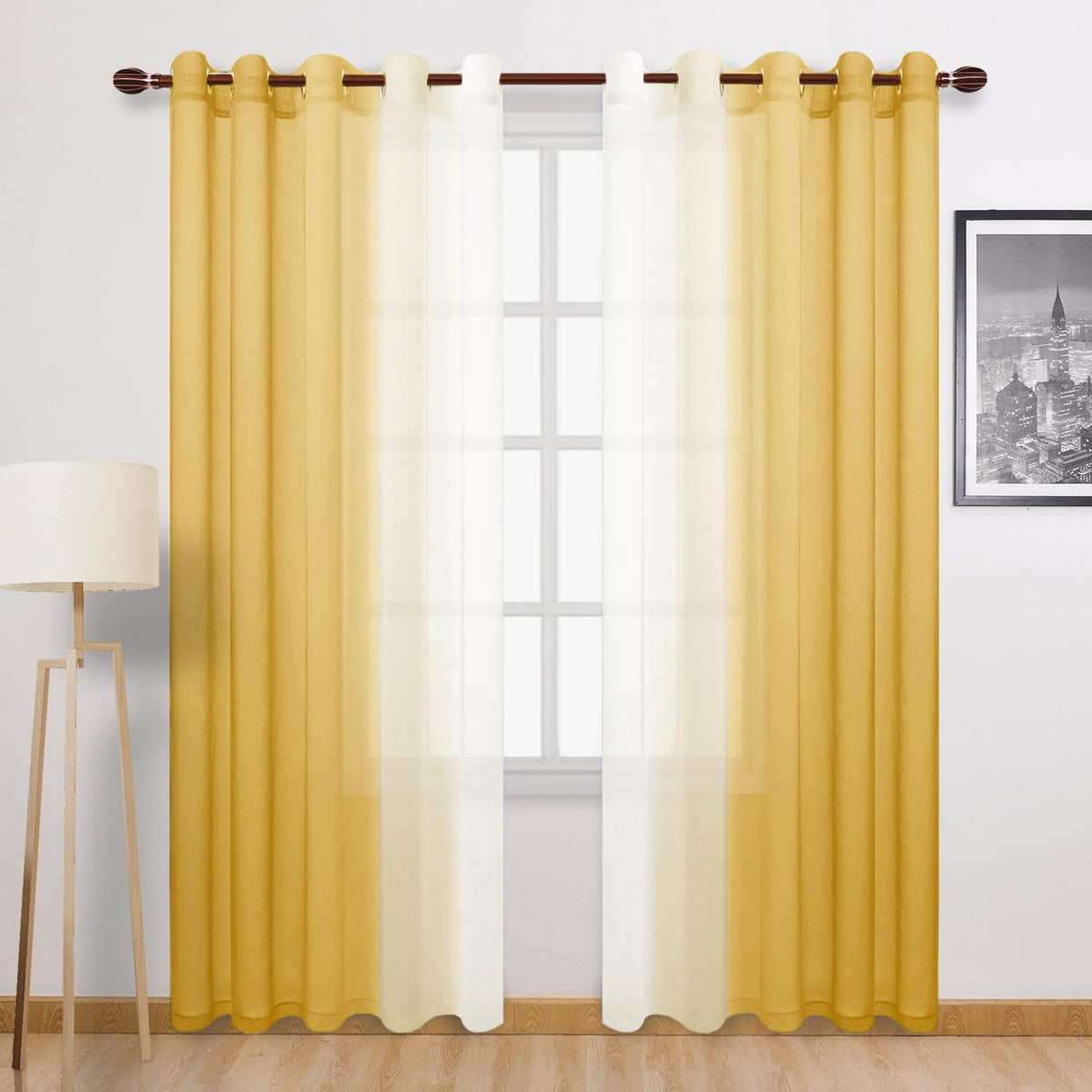 DWCN Blue Linen Ombre Sheer Curtains - Semi Voile Gradient Grommet Top Curtains for Bedroom and Living Room, Set of 2 Window Curtain Panels, 52 x 84 Inches Long, Denim Blue